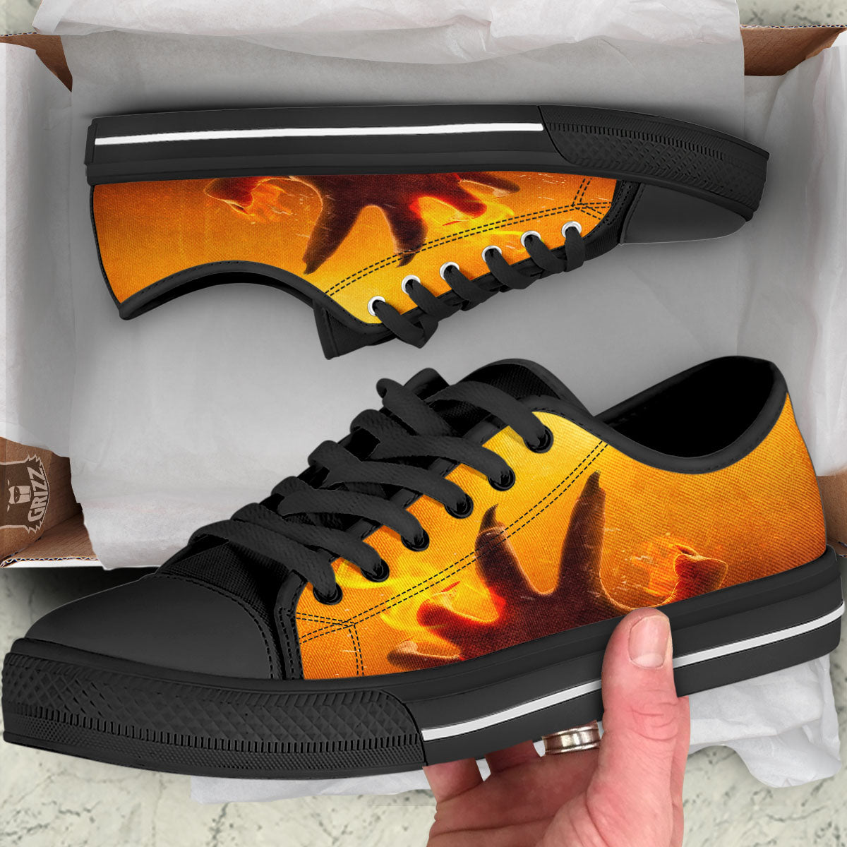 Devil Hand Print Black Low Top Shoes-grizzshop