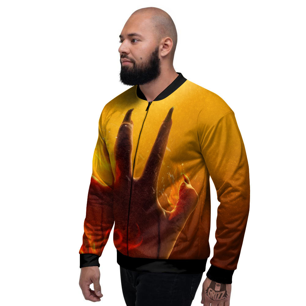 Devil Hand Print Men's Bomber Jacket-grizzshop
