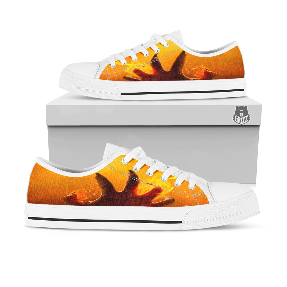 Devil Hand Print White Low Top Shoes-grizzshop