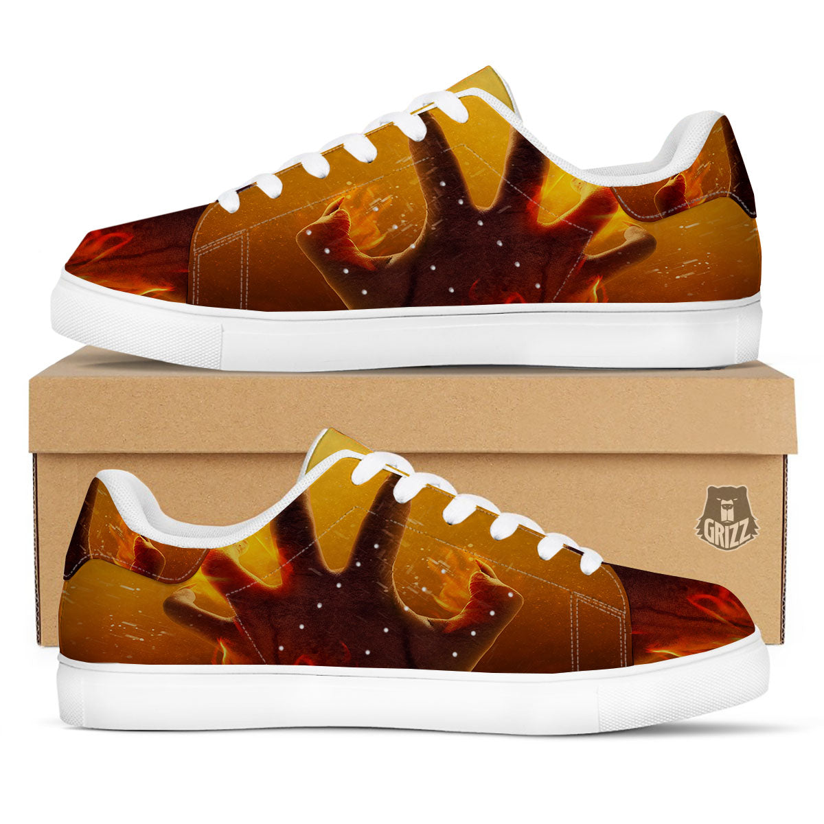 Devil Hand Print White Low Top Sneakers-grizzshop