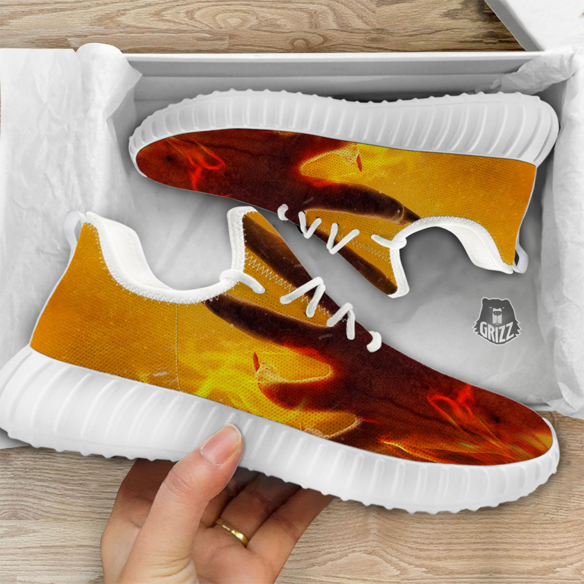 Devil Hand Print White Walking Shoes-grizzshop