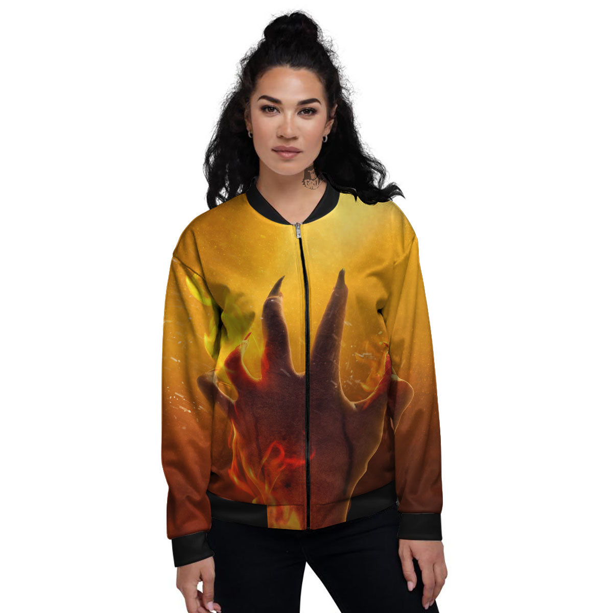 Devil Hand Print Women's Bomber Jacket-grizzshop