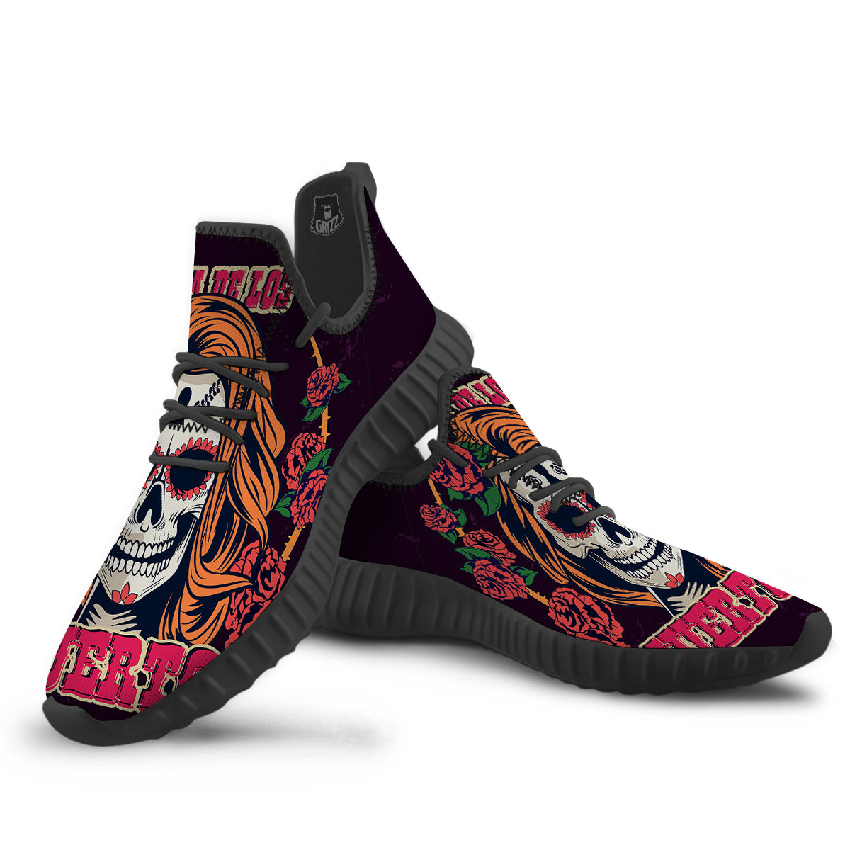 Dia De Los Muertos Calavera Girl Print Black Walking Shoes-grizzshop