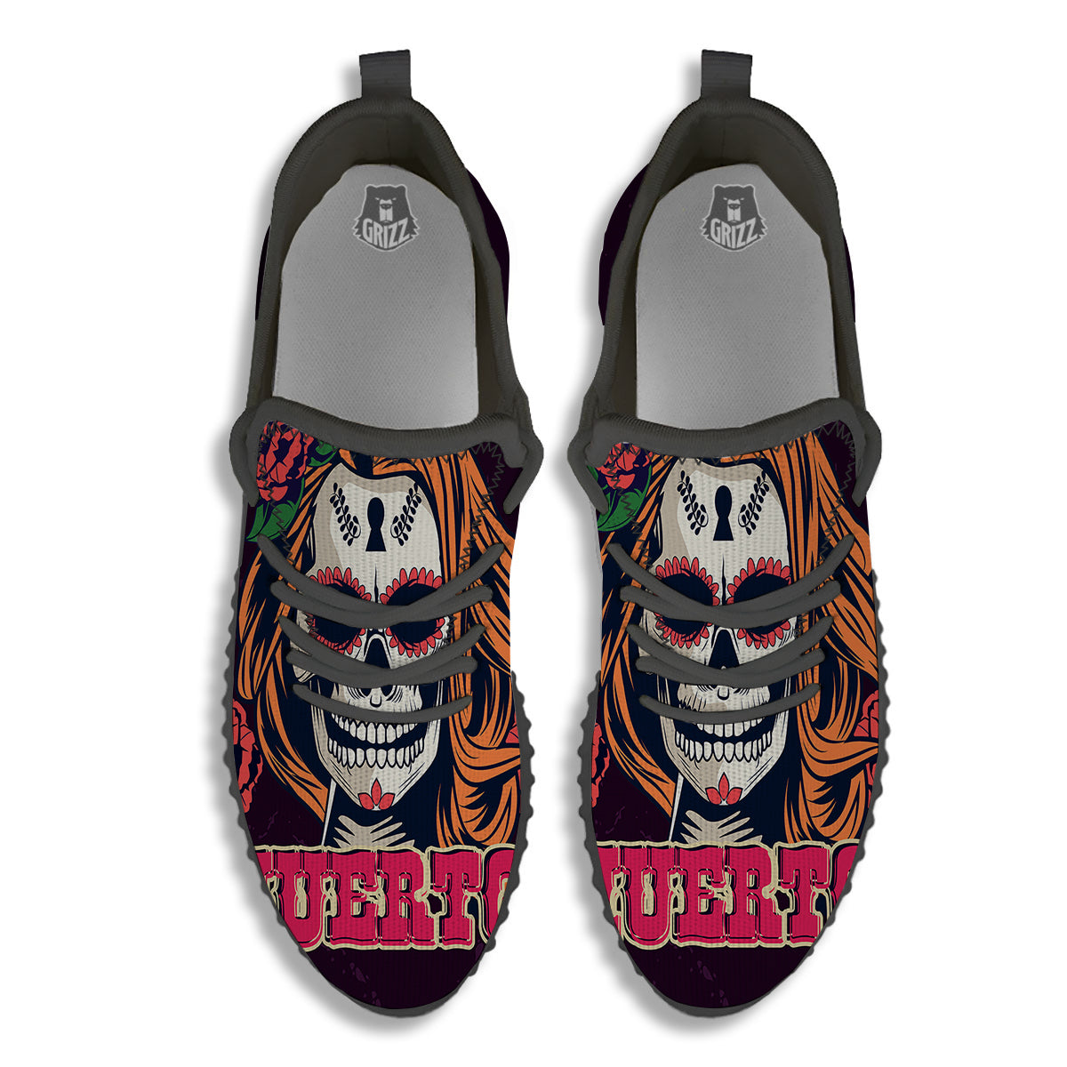 Dia De Los Muertos Calavera Girl Print Black Walking Shoes-grizzshop
