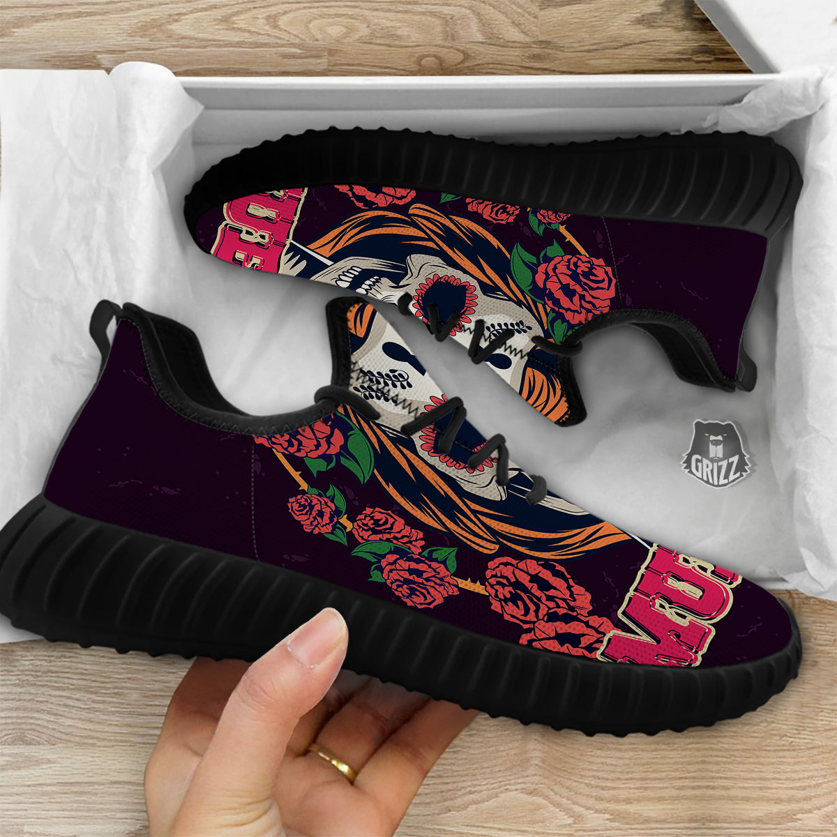 Dia De Los Muertos Calavera Girl Print Black Walking Shoes-grizzshop