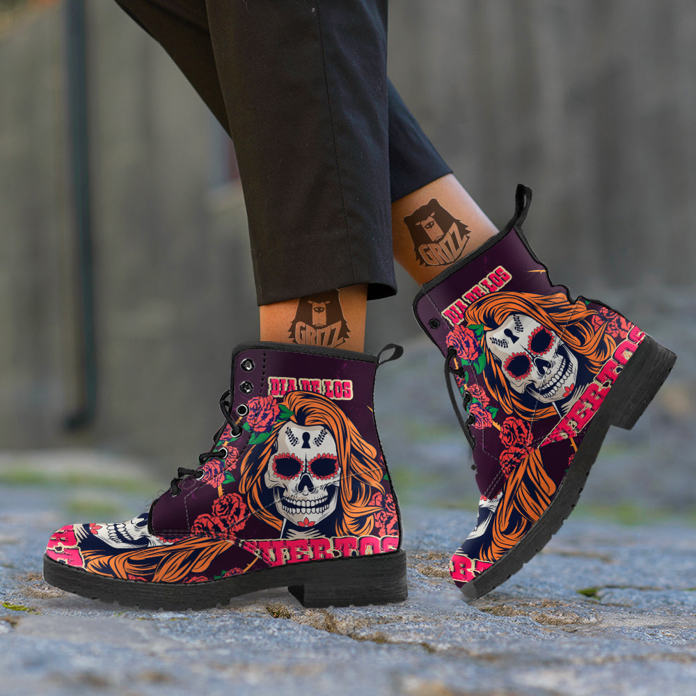 Dia De Los Muertos Calavera Girl Print Leather Boots-grizzshop