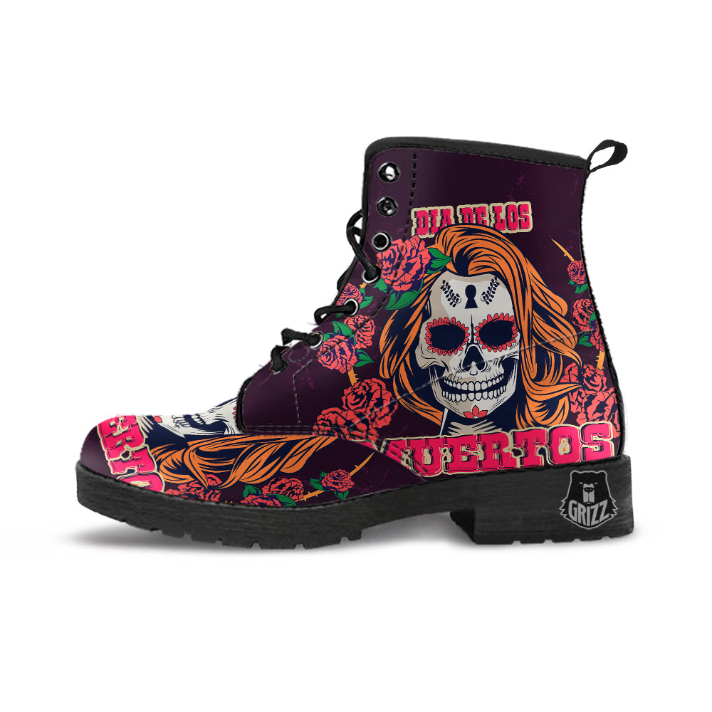 Dia De Los Muertos Calavera Girl Print Leather Boots-grizzshop