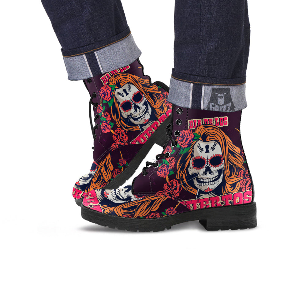 Dia De Los Muertos Calavera Girl Print Leather Boots-grizzshop