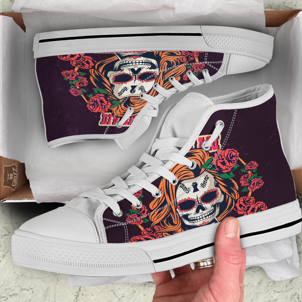 Dia De Los Muertos Calavera Girl Print White High Top Shoes-grizzshop