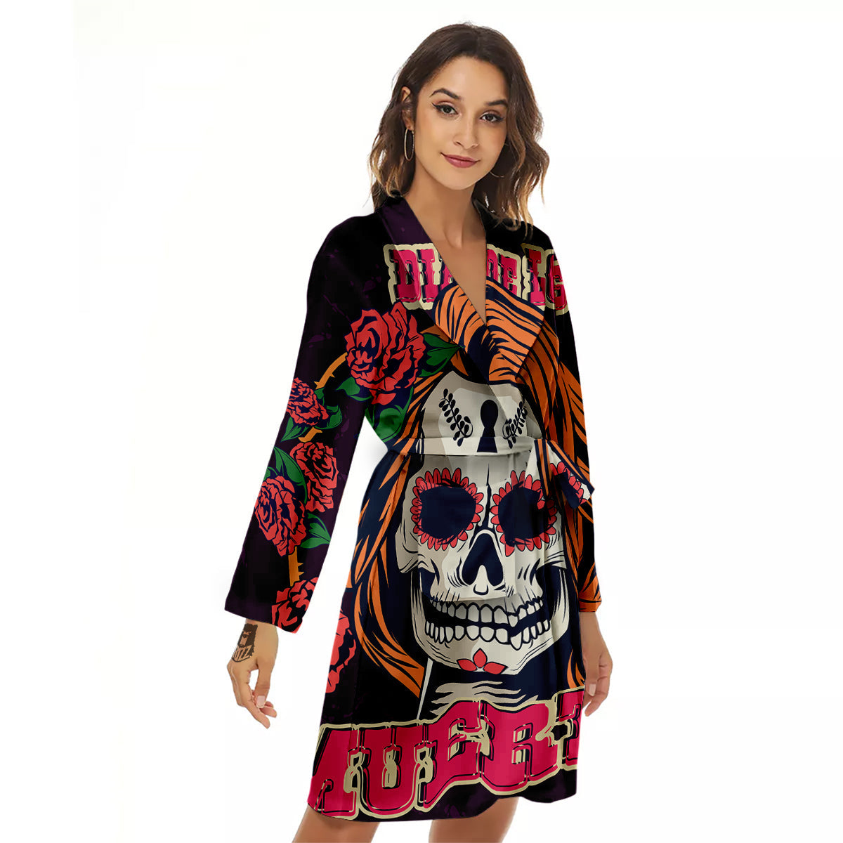 Dia De Los Muertos Calavera Girl Print Women's Robe-grizzshop