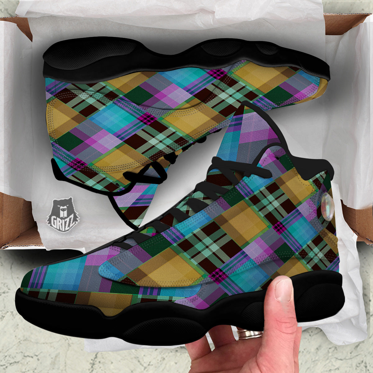 Diagonal Madras Blue Tartan Plaid Print Pattern Black Basketball Shoes-grizzshop