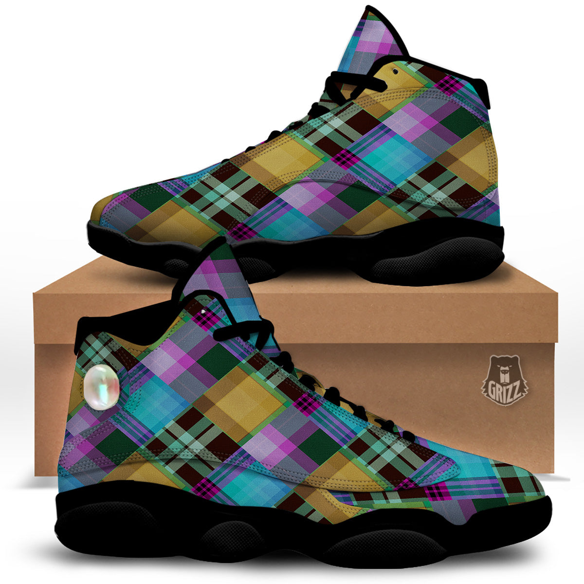 Diagonal Madras Blue Tartan Plaid Print Pattern Black Basketball Shoes-grizzshop