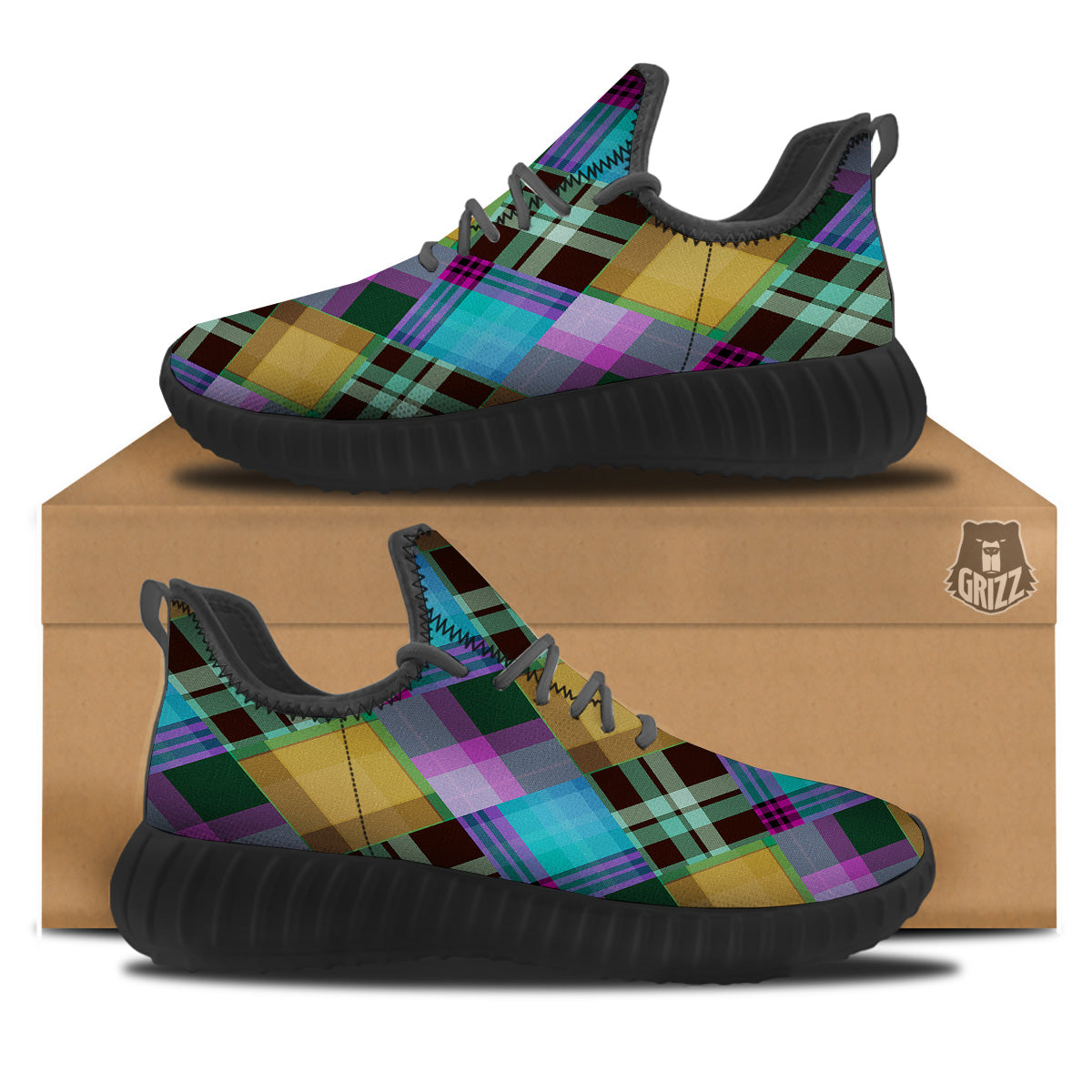 Diagonal Madras Blue Tartan Plaid Print Pattern Black Walking Shoes-grizzshop