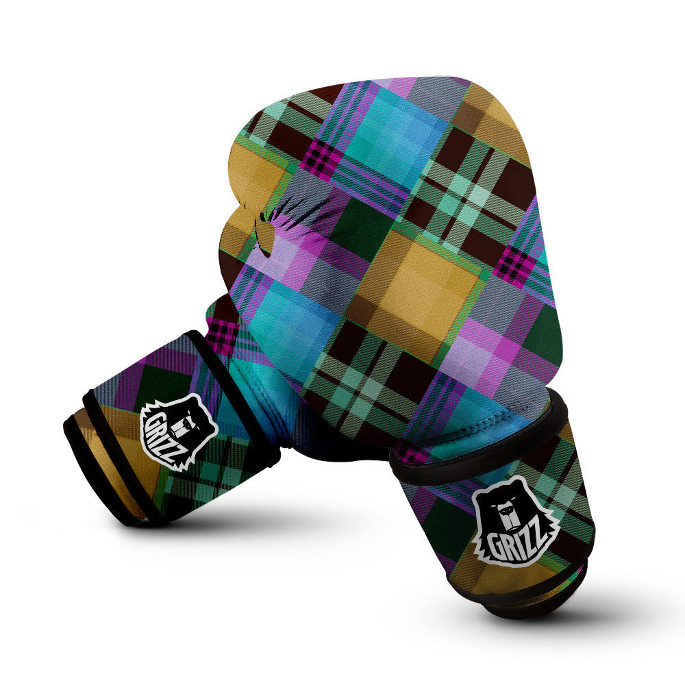 Diagonal Madras Blue Tartan Plaid Print Pattern Boxing Gloves-grizzshop