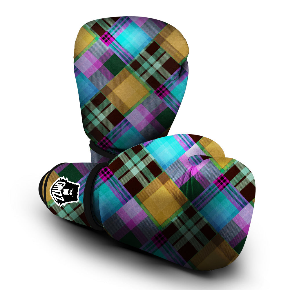 Diagonal Madras Blue Tartan Plaid Print Pattern Boxing Gloves-grizzshop