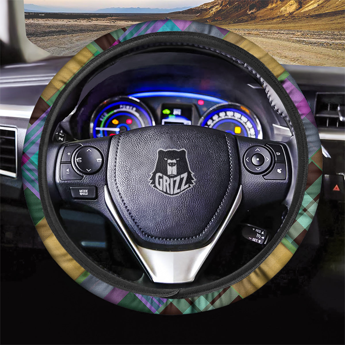Diagonal Madras Blue Tartan Plaid Print Pattern Car Steering Wheel Cover-grizzshop