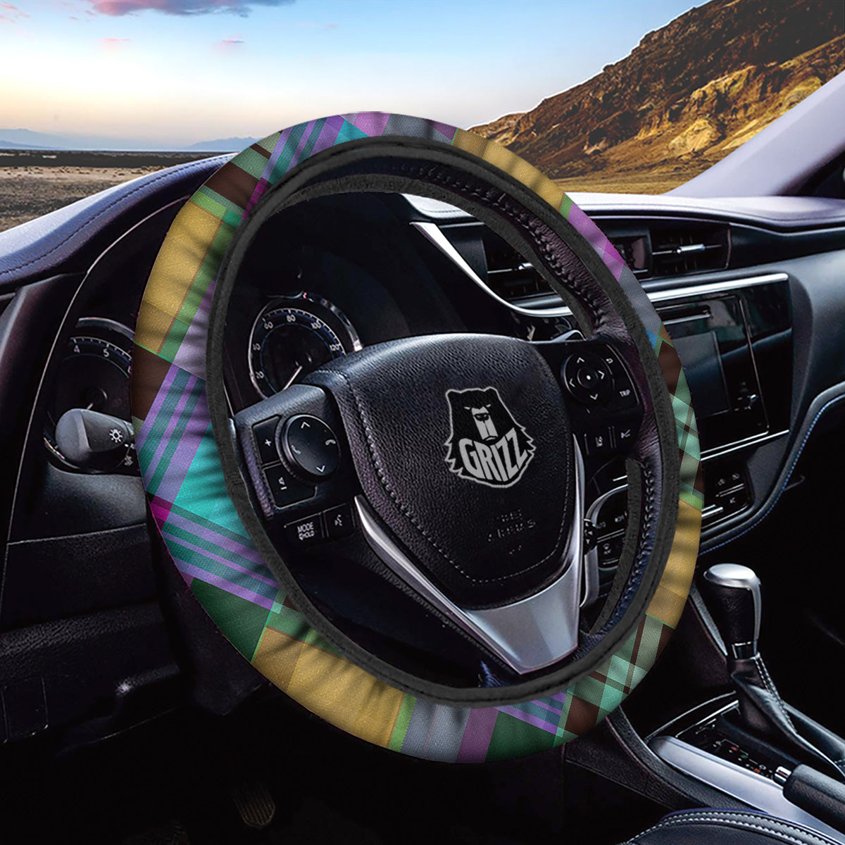 Diagonal Madras Blue Tartan Plaid Print Pattern Car Steering Wheel Cover-grizzshop