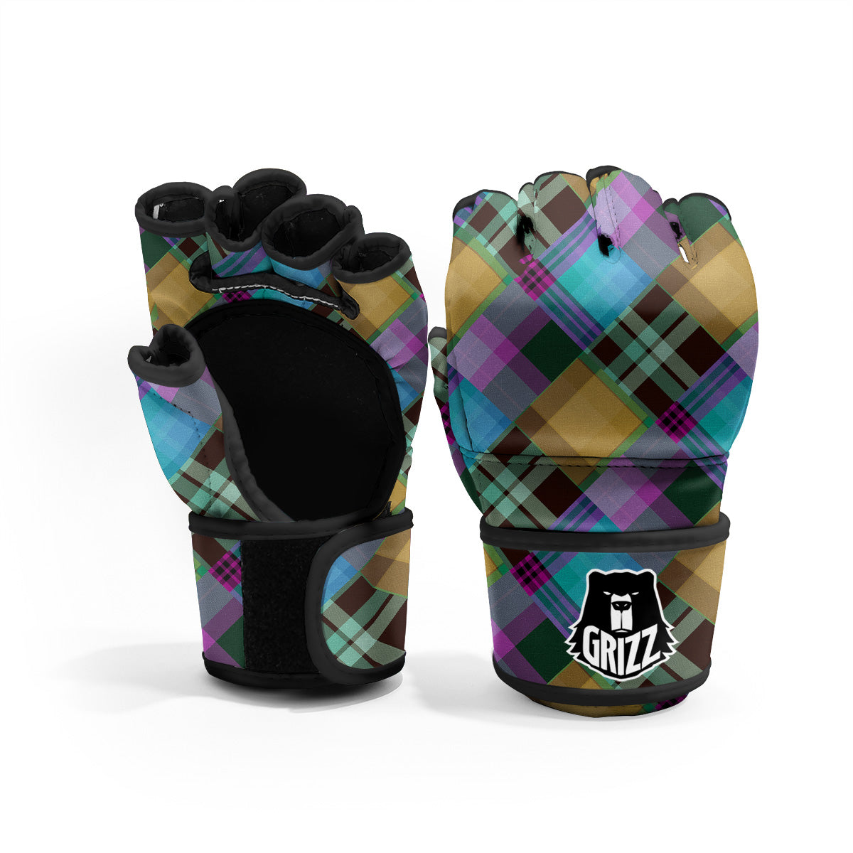 Diagonal Madras Blue Tartan Plaid Print Pattern MMA Gloves-grizzshop