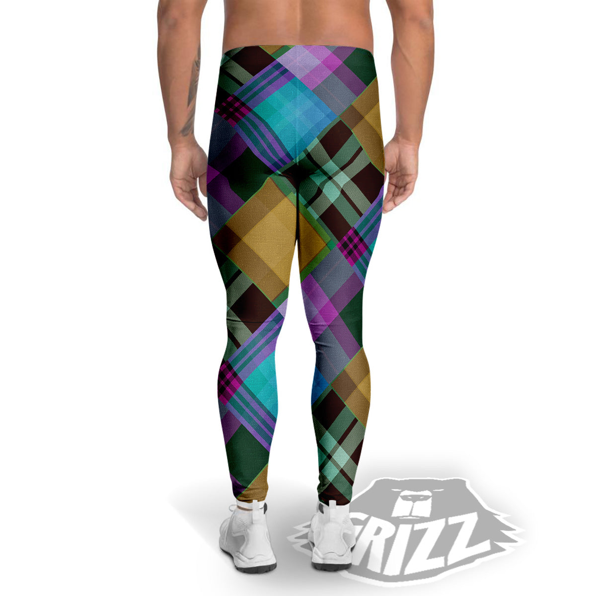 Diagonal Madras Blue Tartan Plaid Print Pattern Men's Leggings-grizzshop