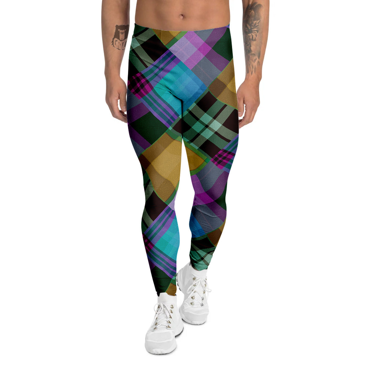 Diagonal Madras Blue Tartan Plaid Print Pattern Men's Leggings-grizzshop