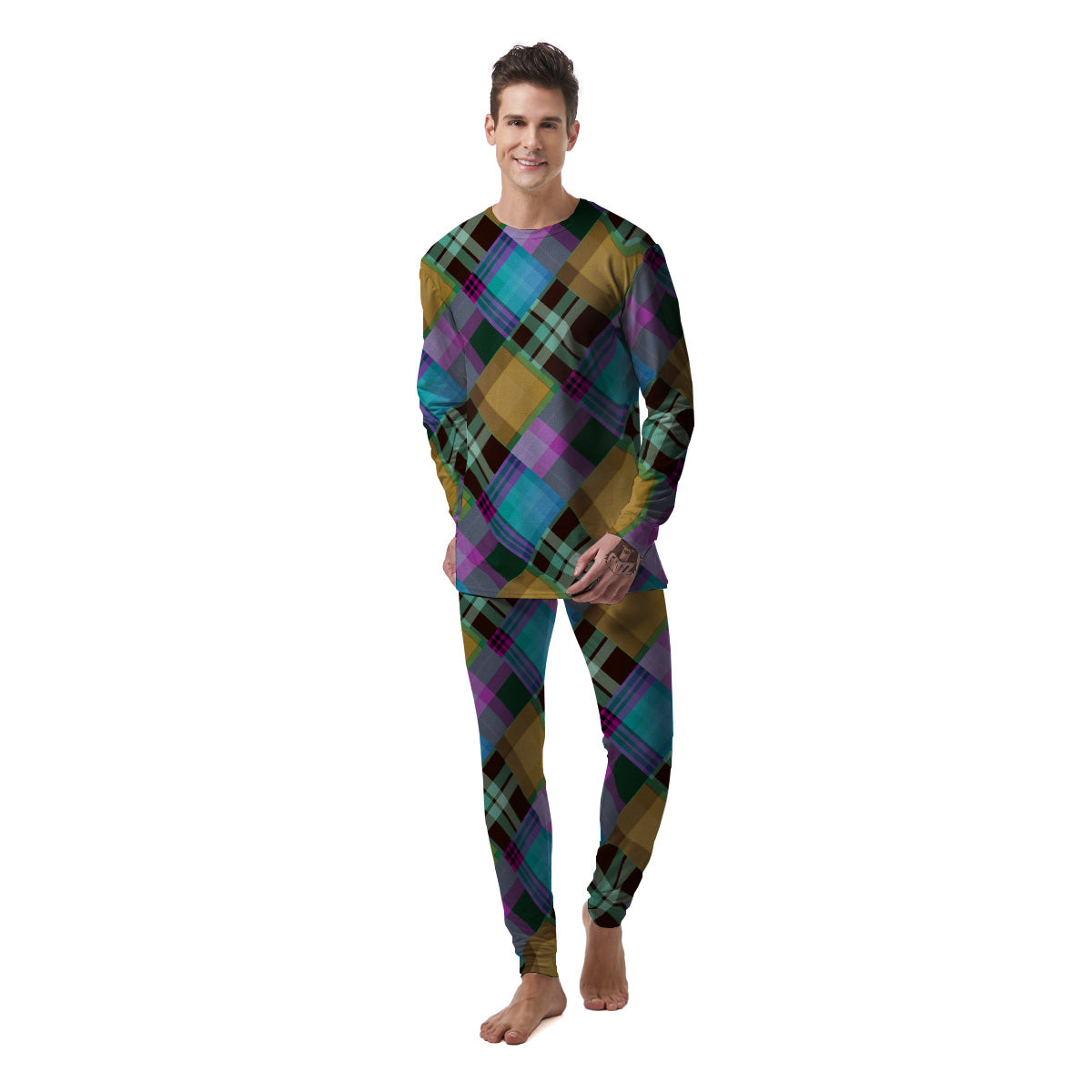 Diagonal Madras Blue Tartan Plaid Print Pattern Men's Pajamas-grizzshop