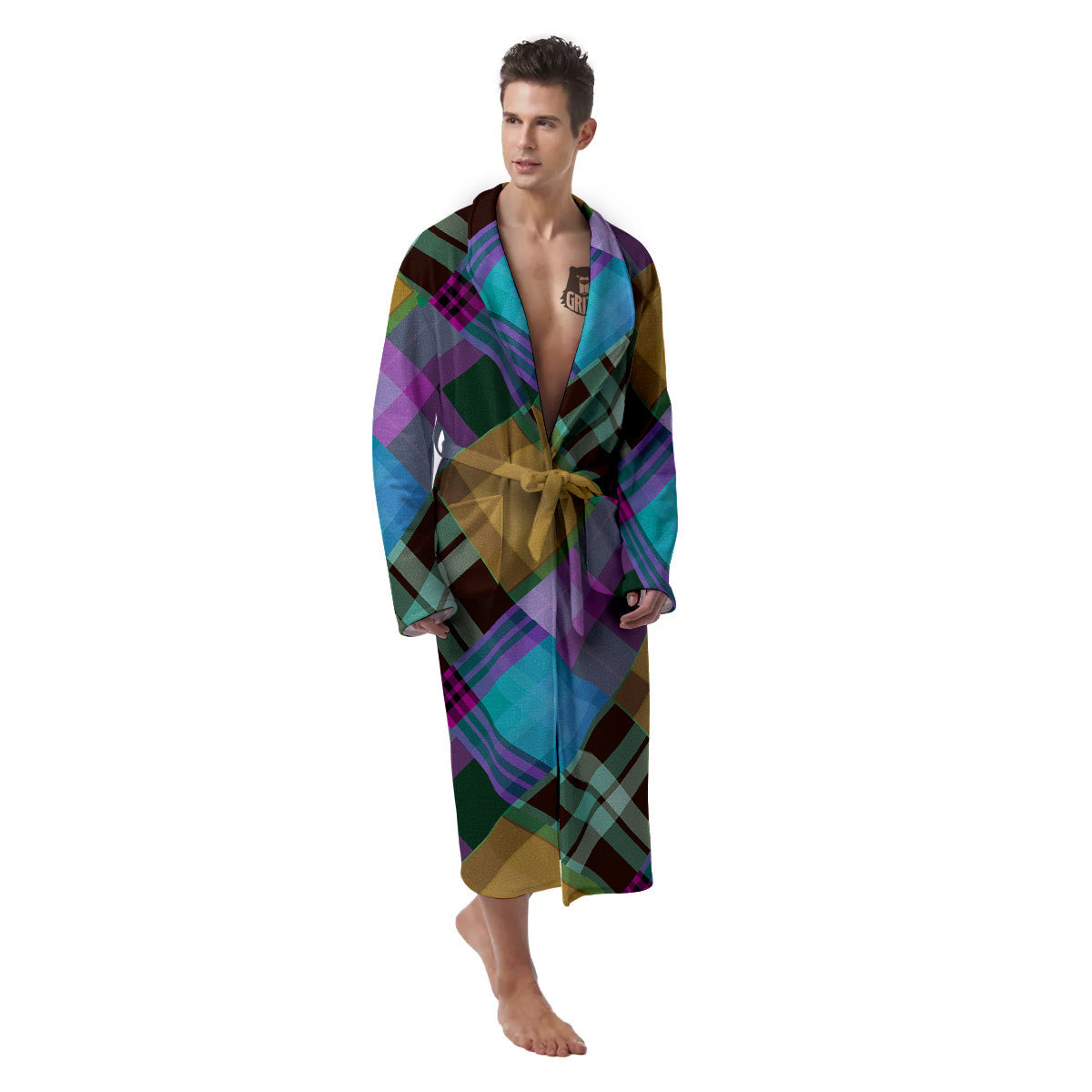 Diagonal Madras Blue Tartan Plaid Print Pattern Men's Robe-grizzshop