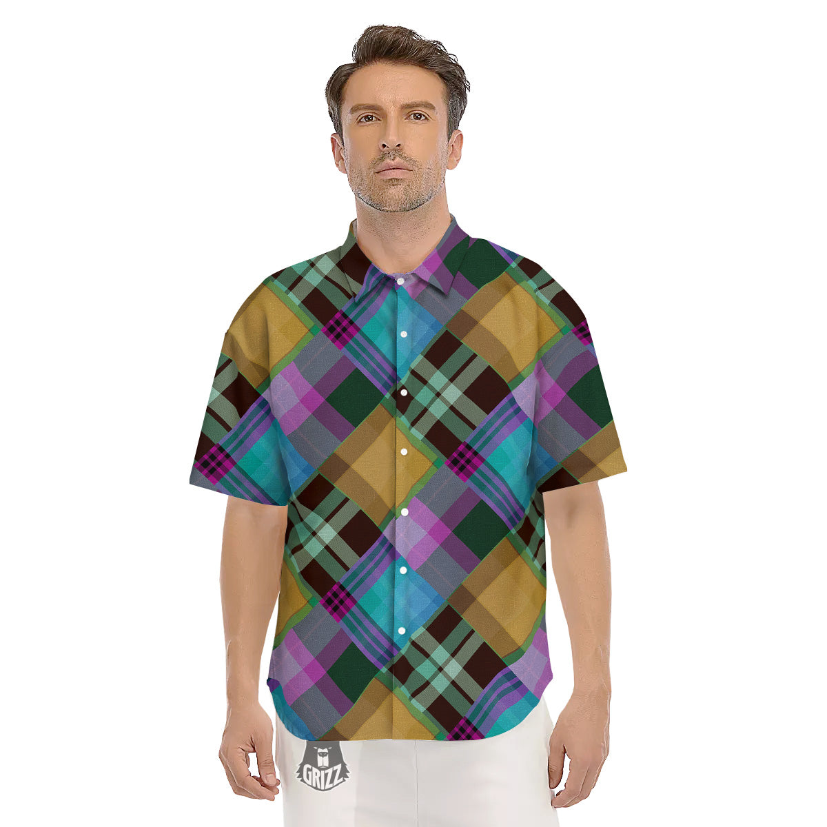 Diagonal Madras Blue Tartan Plaid Print Pattern Men's Short Sleeve Shirts-grizzshop