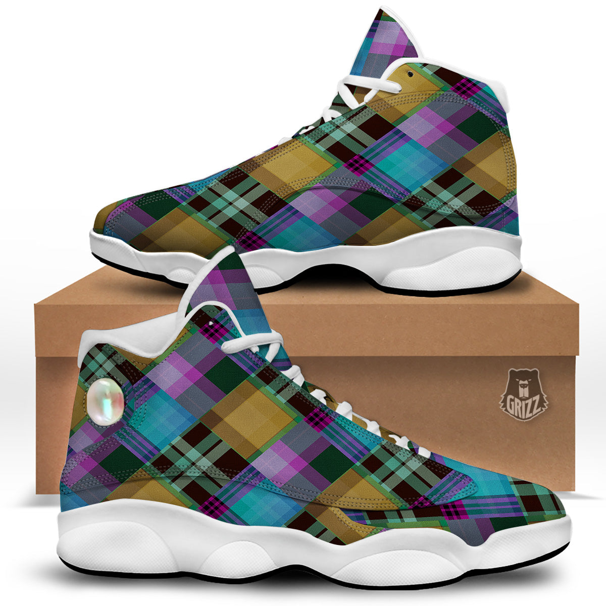 Diagonal Madras Blue Tartan Plaid Print Pattern White Basketball Shoes-grizzshop