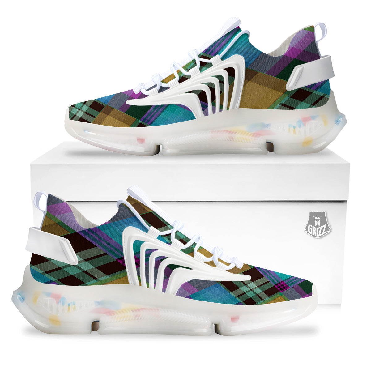 Diagonal Madras Blue Tartan Plaid Print Pattern White Gym Shoes-grizzshop