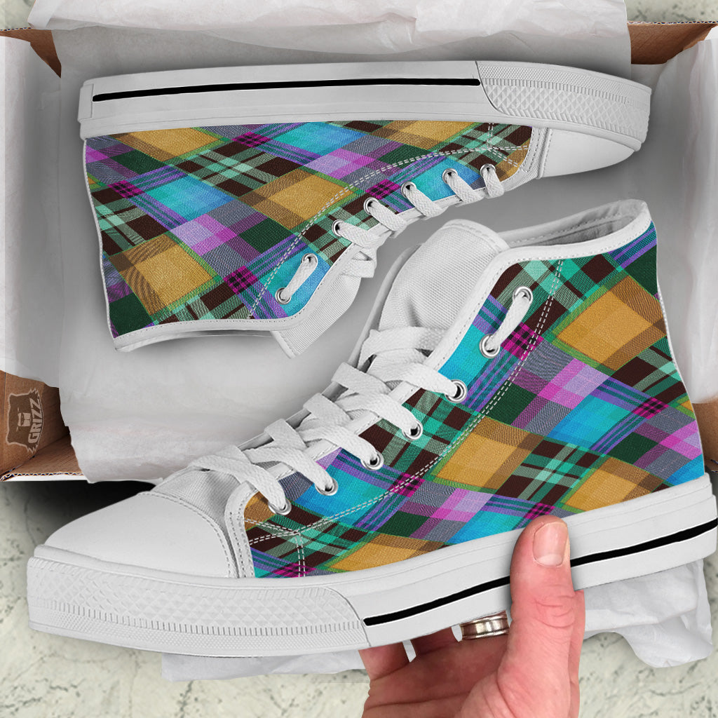Diagonal Madras Blue Tartan Plaid Print Pattern White High Top Shoes-grizzshop