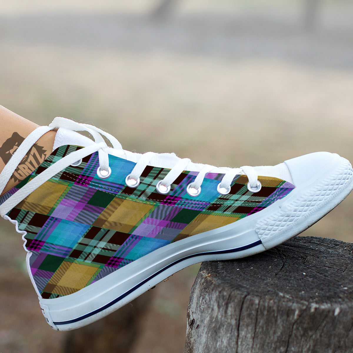 Diagonal Madras Blue Tartan Plaid Print Pattern White High Top Shoes-grizzshop