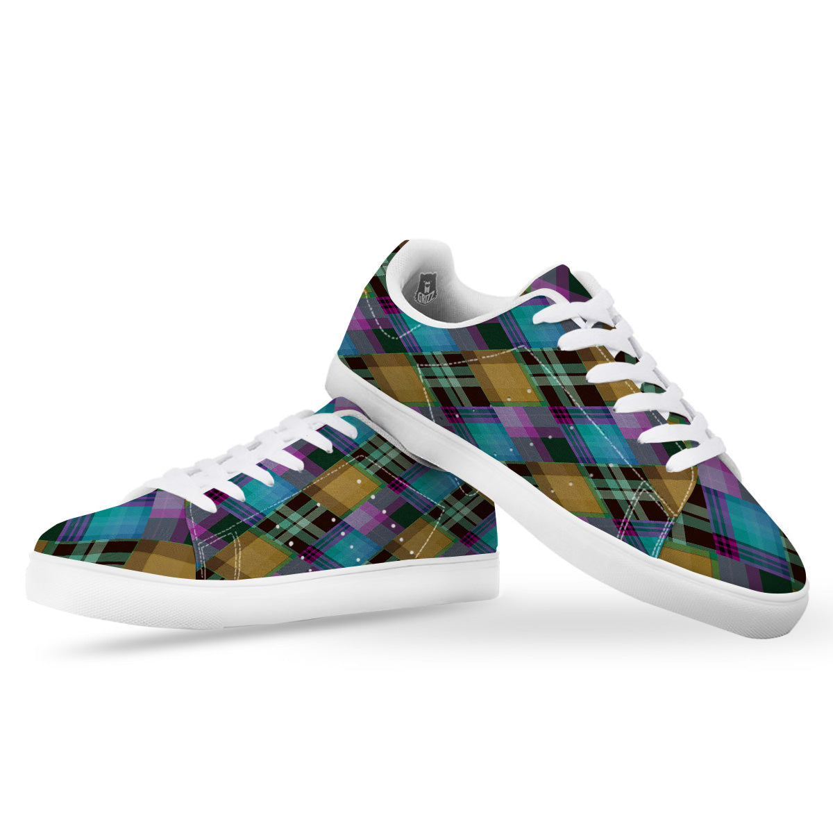 Diagonal Madras Blue Tartan Plaid Print Pattern White Low Top Sneakers-grizzshop