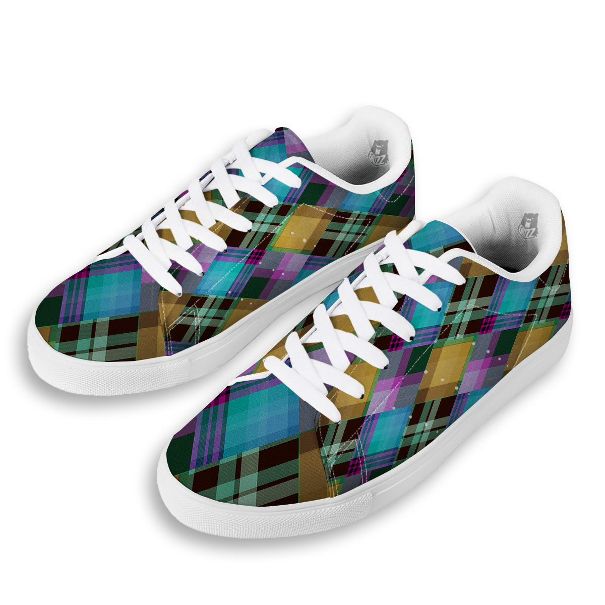 Diagonal Madras Blue Tartan Plaid Print Pattern White Low Top Sneakers-grizzshop