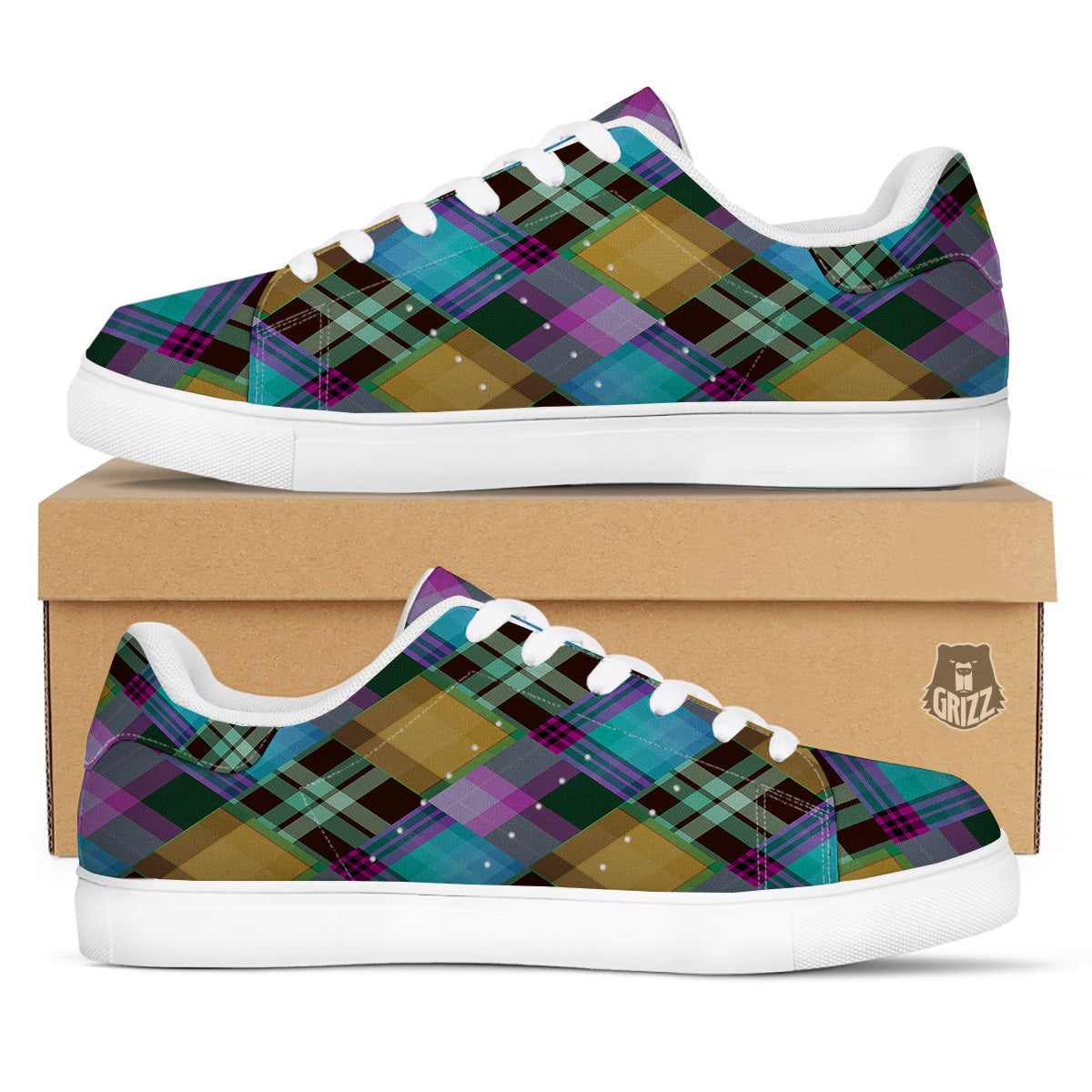 Diagonal Madras Blue Tartan Plaid Print Pattern White Low Top Sneakers-grizzshop