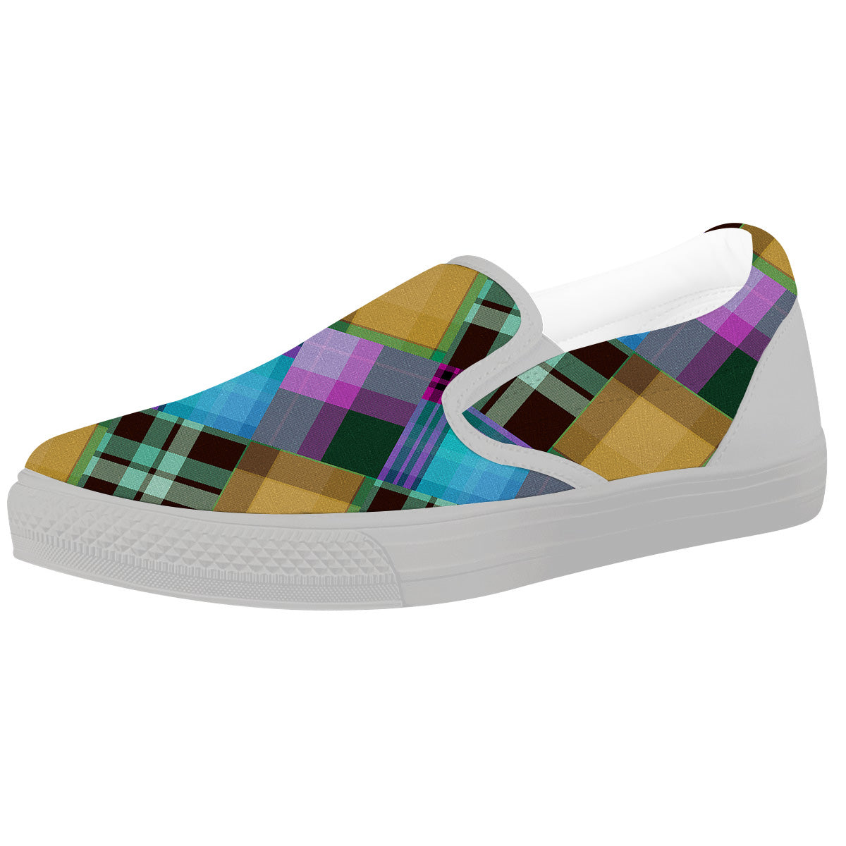 Diagonal Madras Blue Tartan Plaid Print Pattern White Slip On Shoes-grizzshop