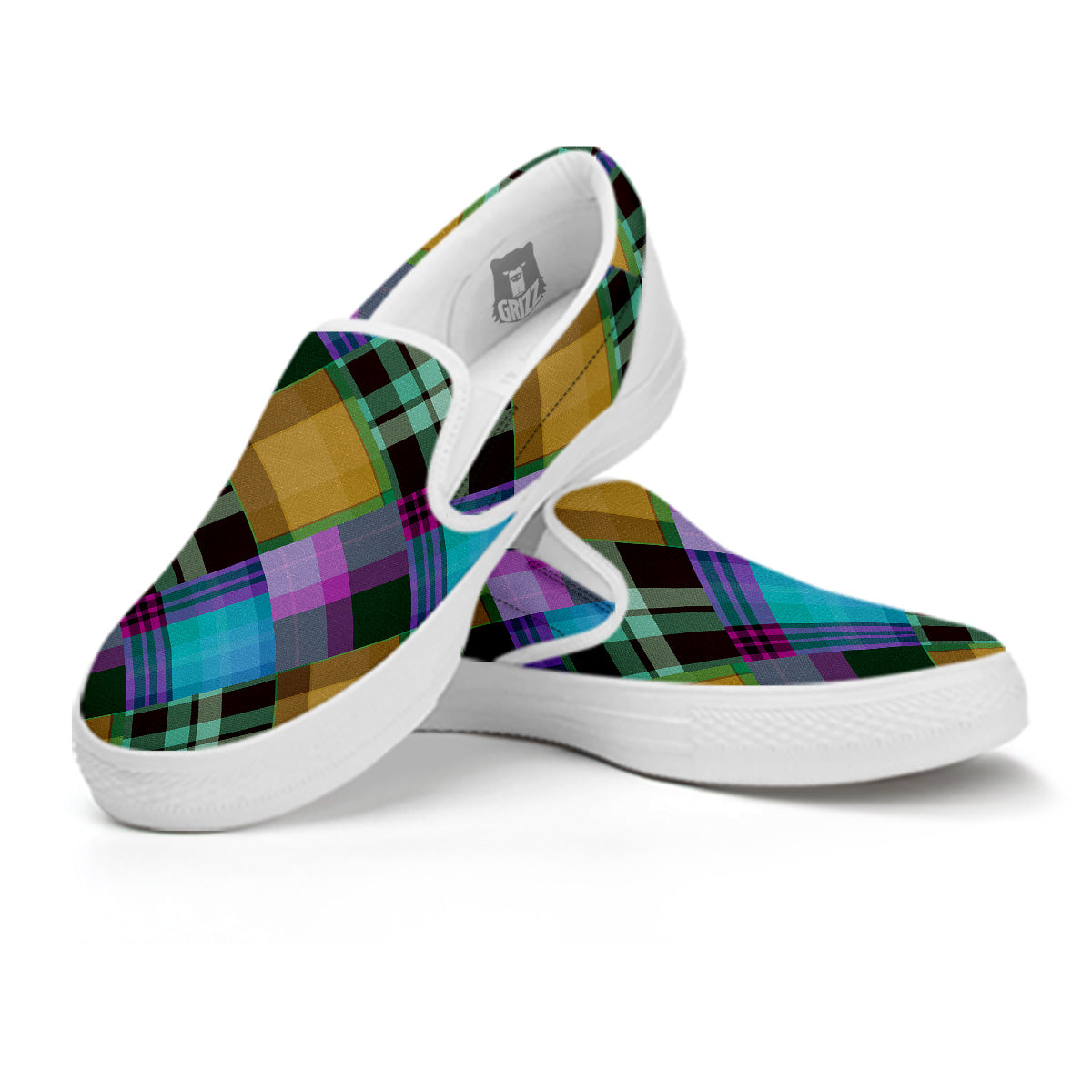 Diagonal Madras Blue Tartan Plaid Print Pattern White Slip On Shoes-grizzshop