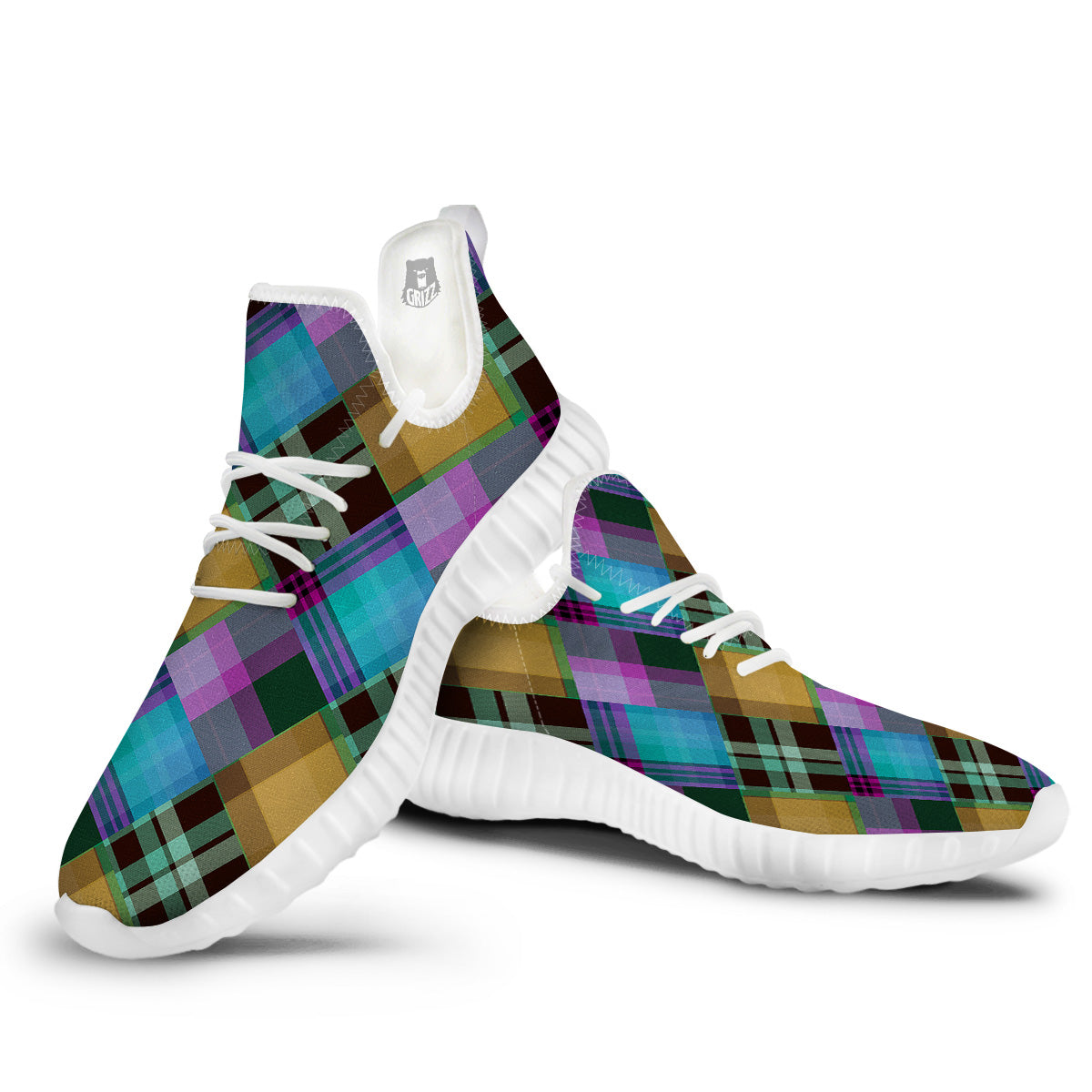 Diagonal Madras Blue Tartan Plaid Print Pattern White Walking Shoes-grizzshop