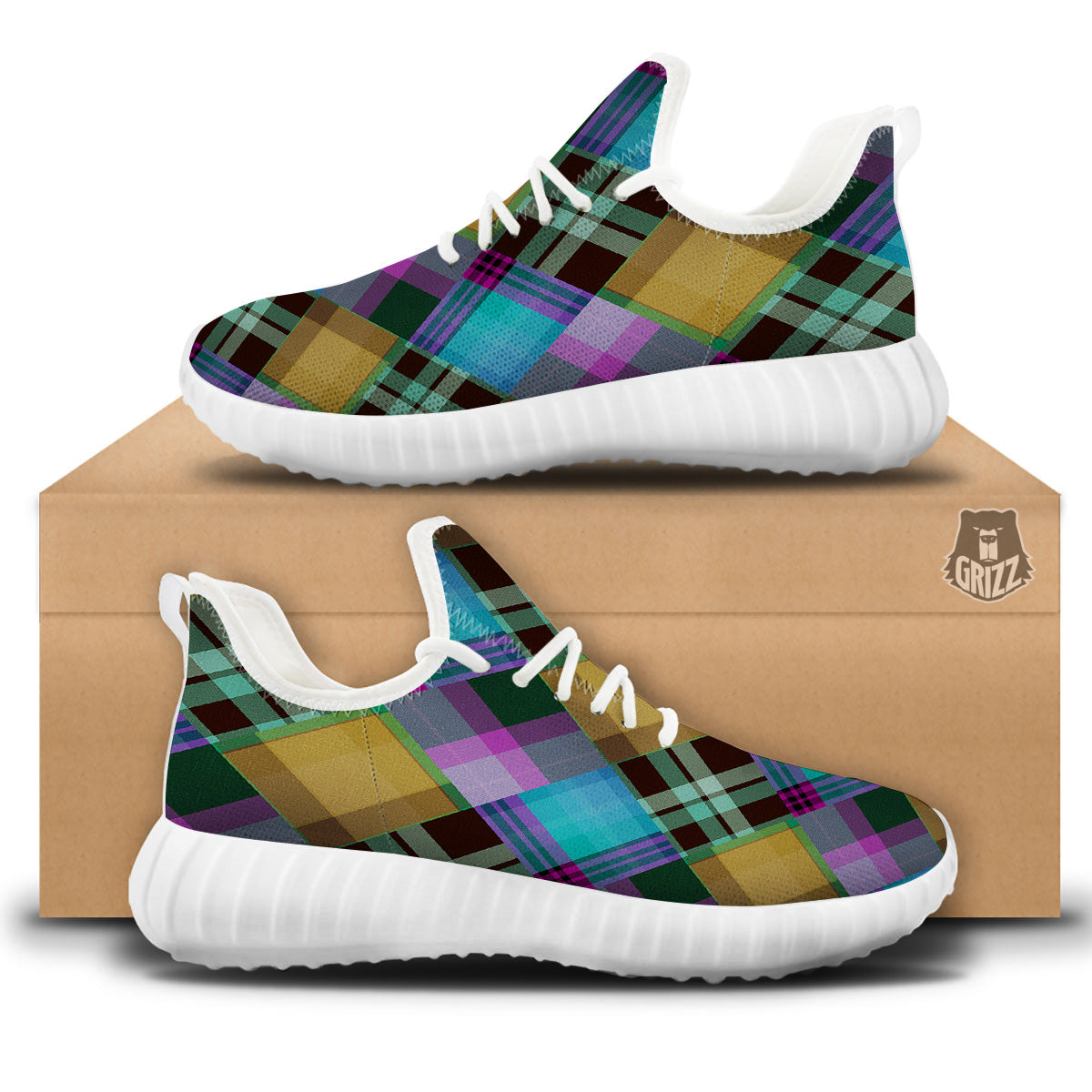 Diagonal Madras Blue Tartan Plaid Print Pattern White Walking Shoes-grizzshop