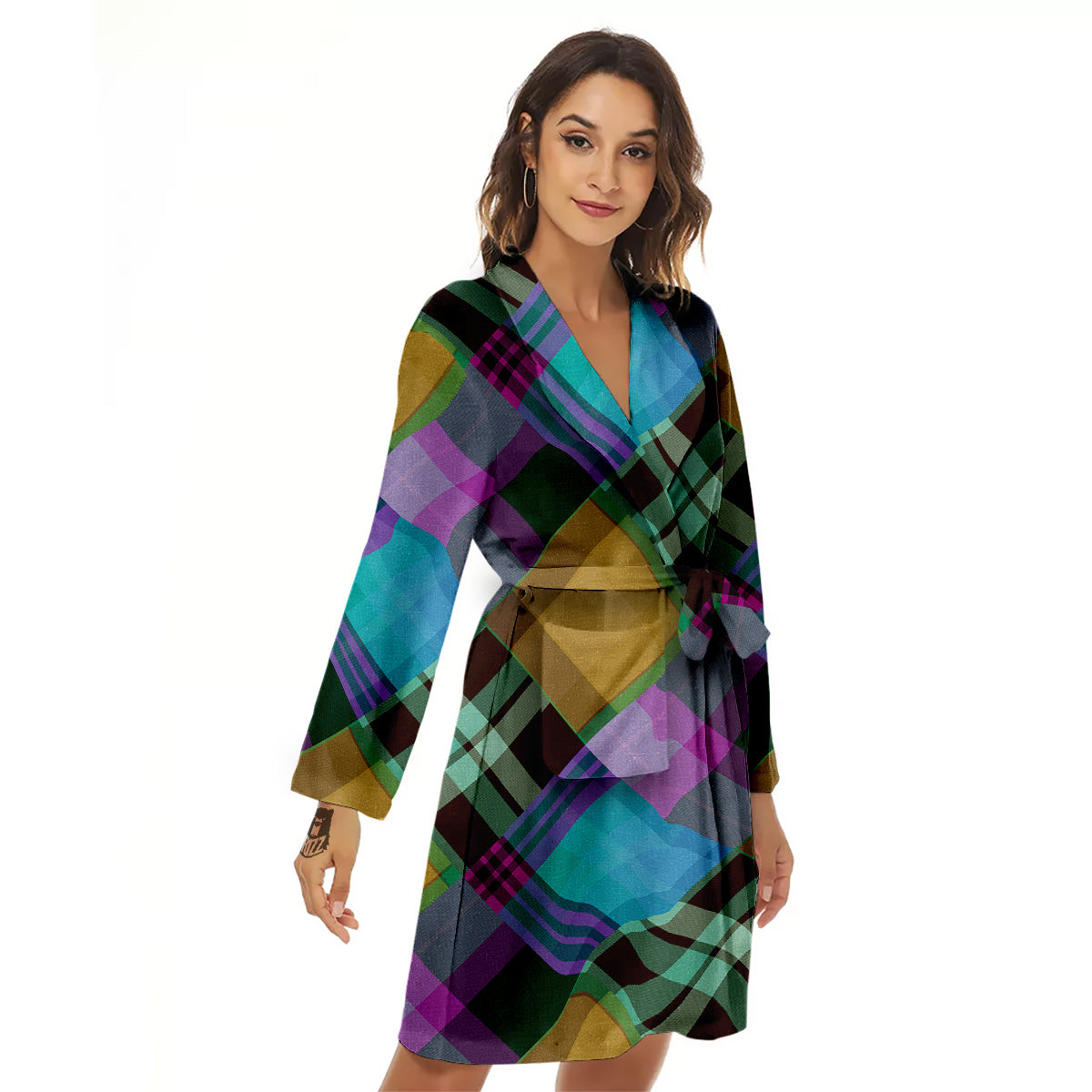 Diagonal Madras Blue Tartan Plaid Print Pattern Women's Robe-grizzshop