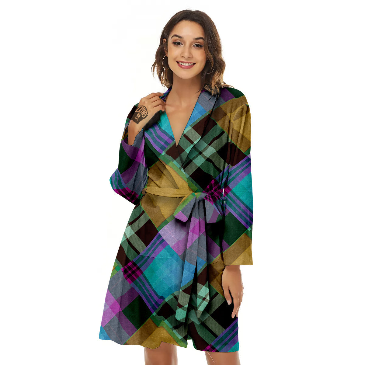 Diagonal Madras Blue Tartan Plaid Print Pattern Women's Robe-grizzshop