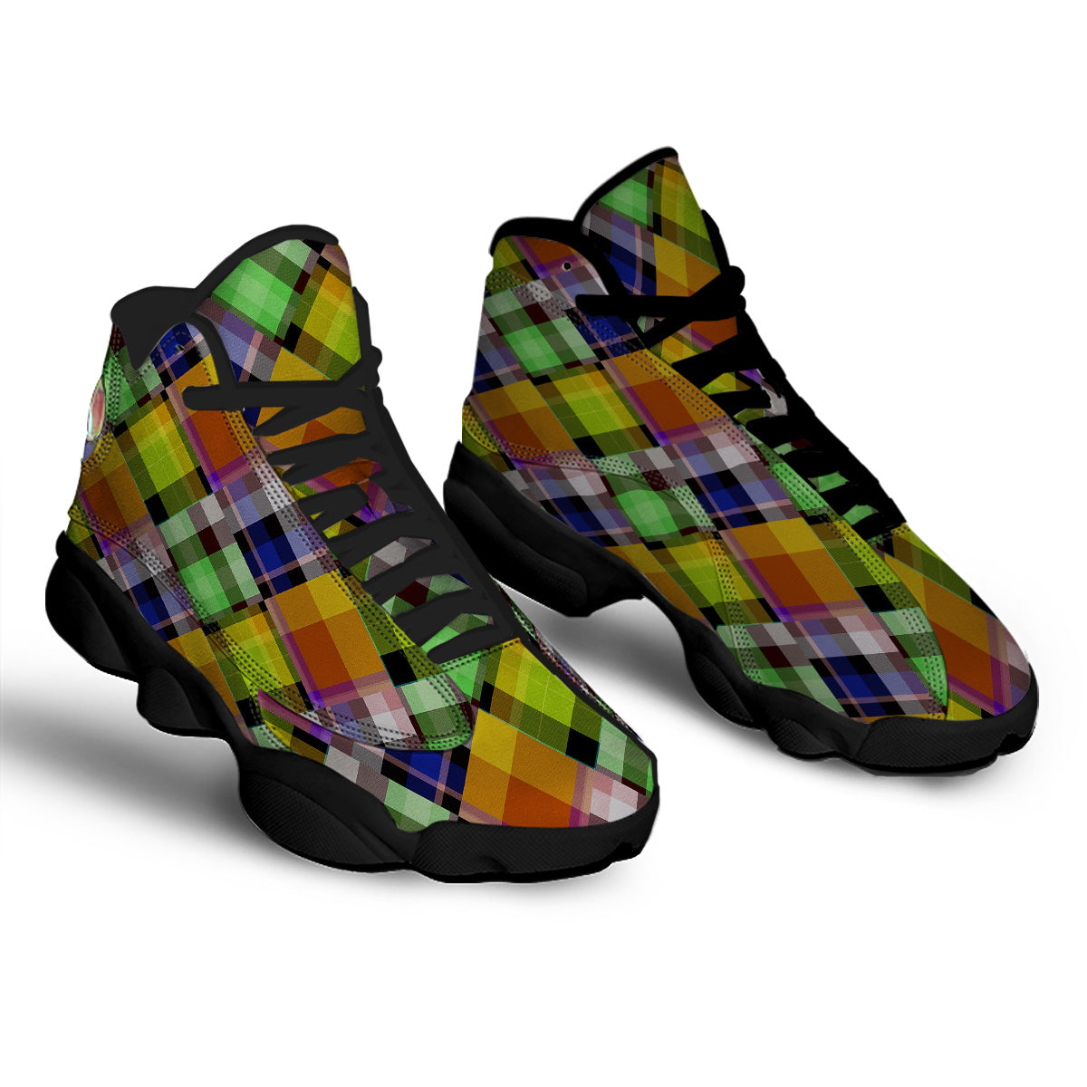 Diagonal Madras Plaid Print Pattern Black Basketball Shoes-grizzshop