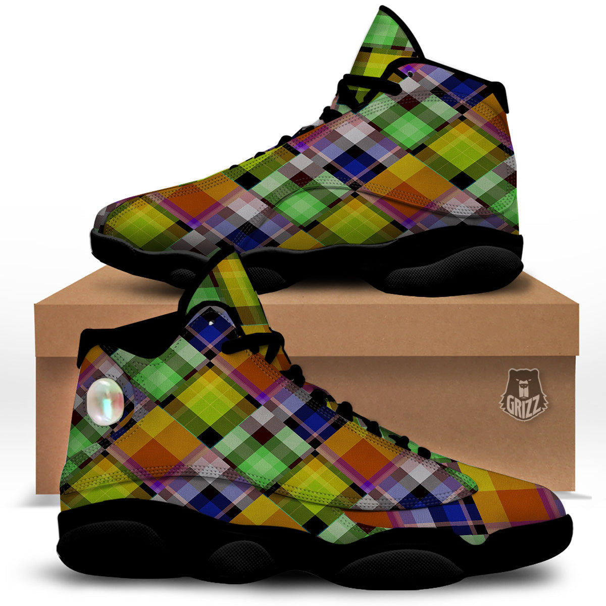 Diagonal Madras Plaid Print Pattern Black Basketball Shoes-grizzshop
