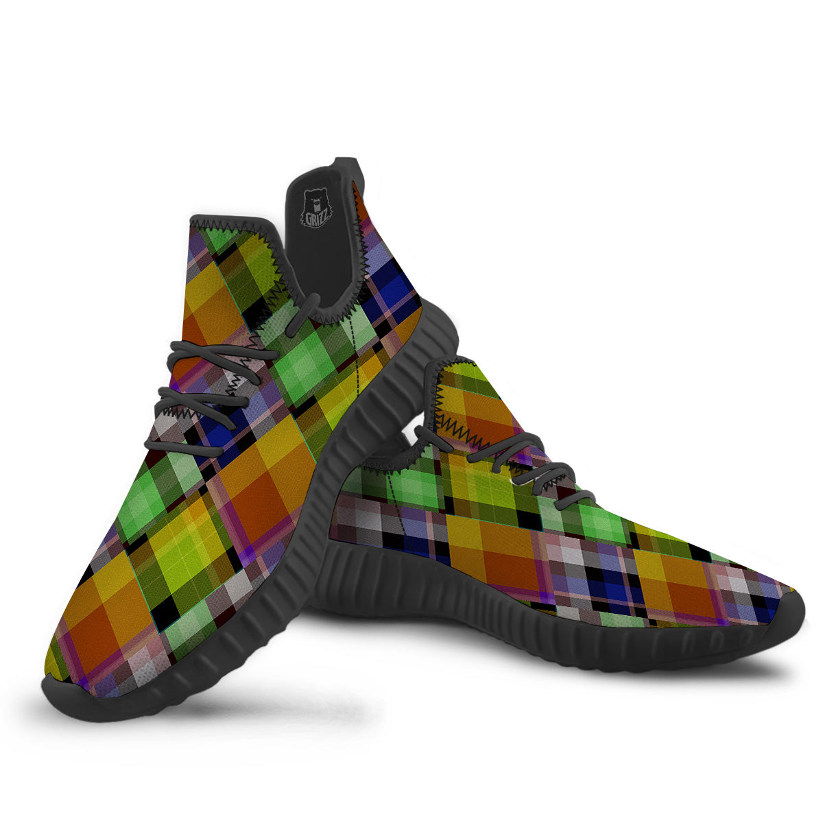 Diagonal Madras Plaid Print Pattern Black Walking Shoes-grizzshop