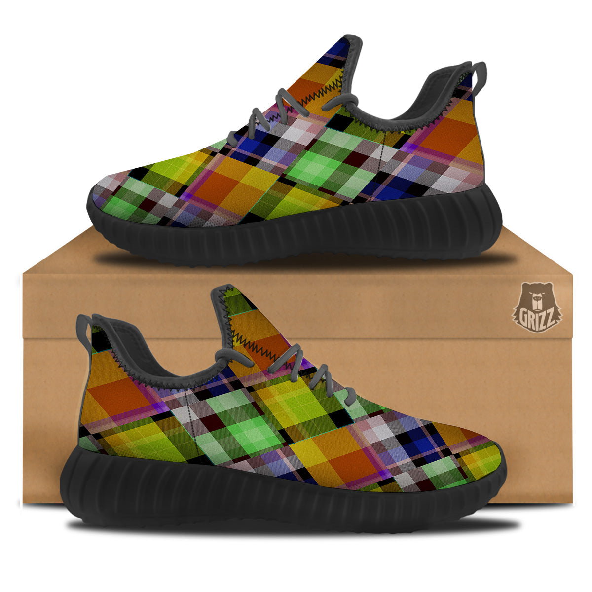 Diagonal Madras Plaid Print Pattern Black Walking Shoes-grizzshop