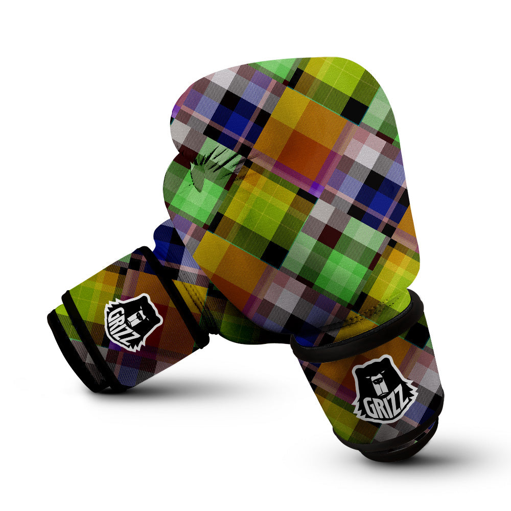 Diagonal Madras Plaid Print Pattern Boxing Gloves-grizzshop