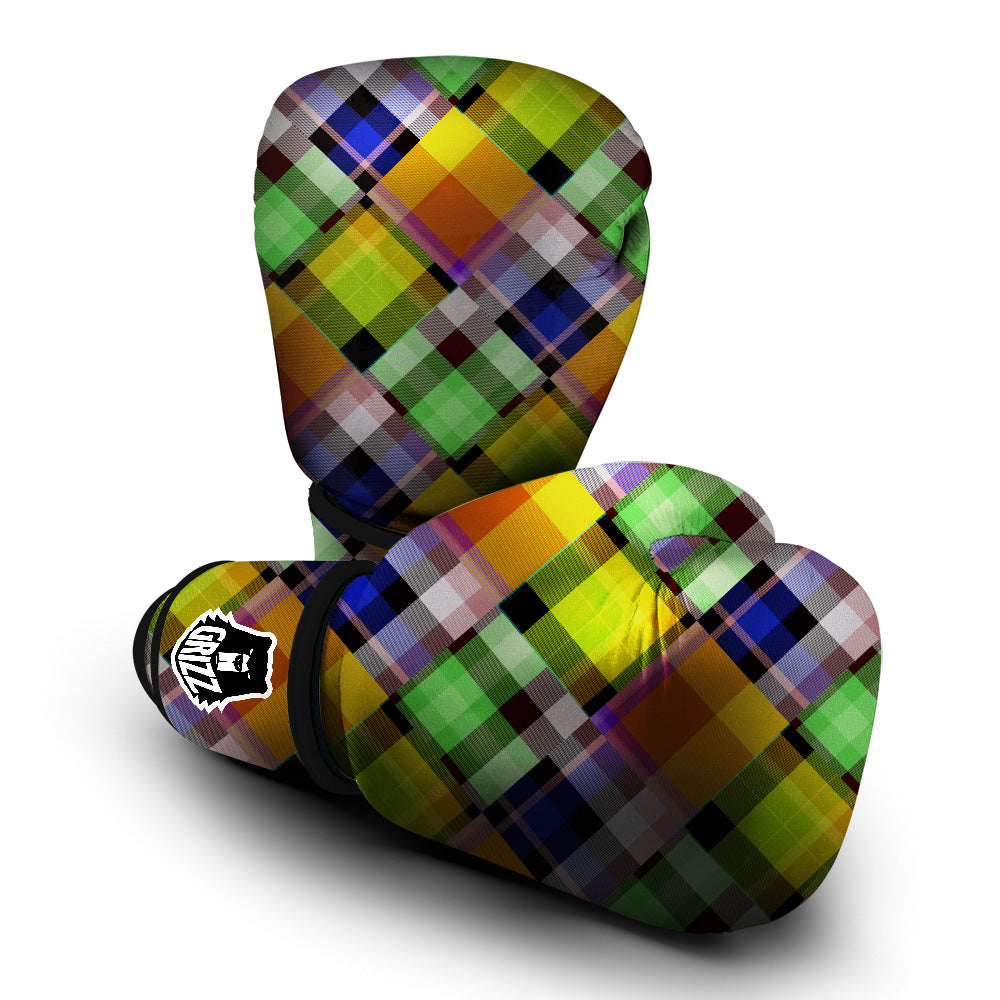 Diagonal Madras Plaid Print Pattern Boxing Gloves-grizzshop