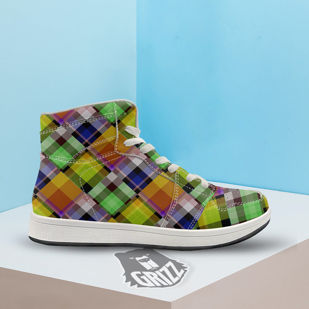 Diagonal Madras Plaid Print Pattern High Top Sneakers-grizzshop