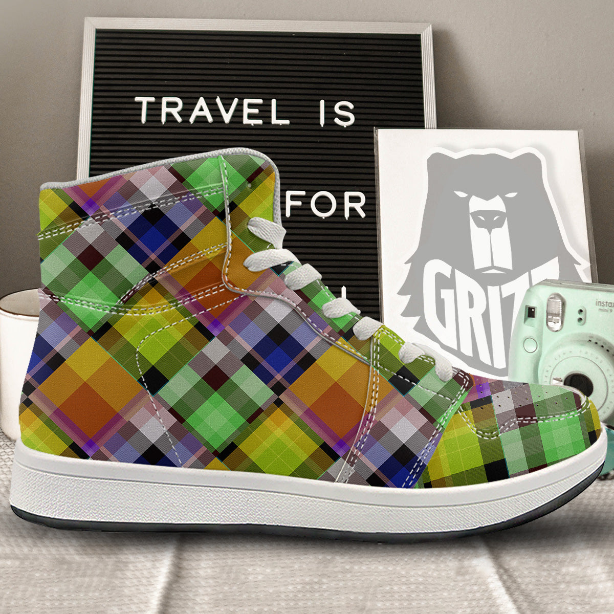 Diagonal Madras Plaid Print Pattern High Top Sneakers-grizzshop