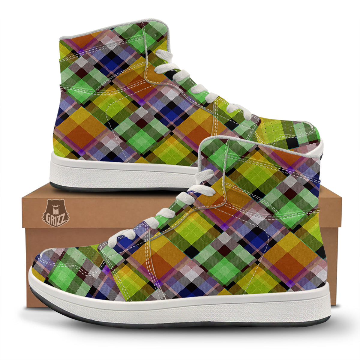 Diagonal Madras Plaid Print Pattern High Top Sneakers-grizzshop