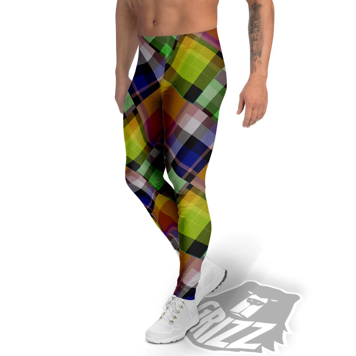 Diagonal Madras Plaid Print Pattern Men's Leggings-grizzshop